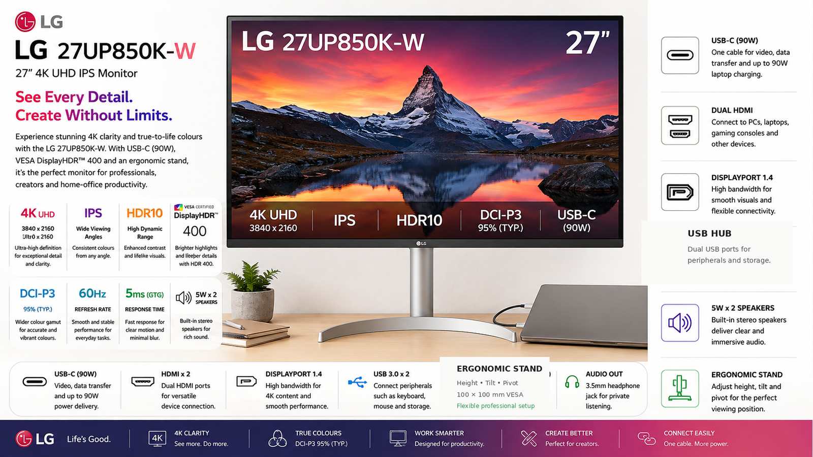 LG 27UP850K-W UltraFine 27-inch 4K UHD IPS Monitor, 60Hz, 5ms GTG, VESA DisplayHDR 400, DCI-P3 95%, USB-C 90W, AMD FreeSync, HDMI, DisplayPort, 10W Speakers, Height/Pivot Stand, White | 27UP850K-W